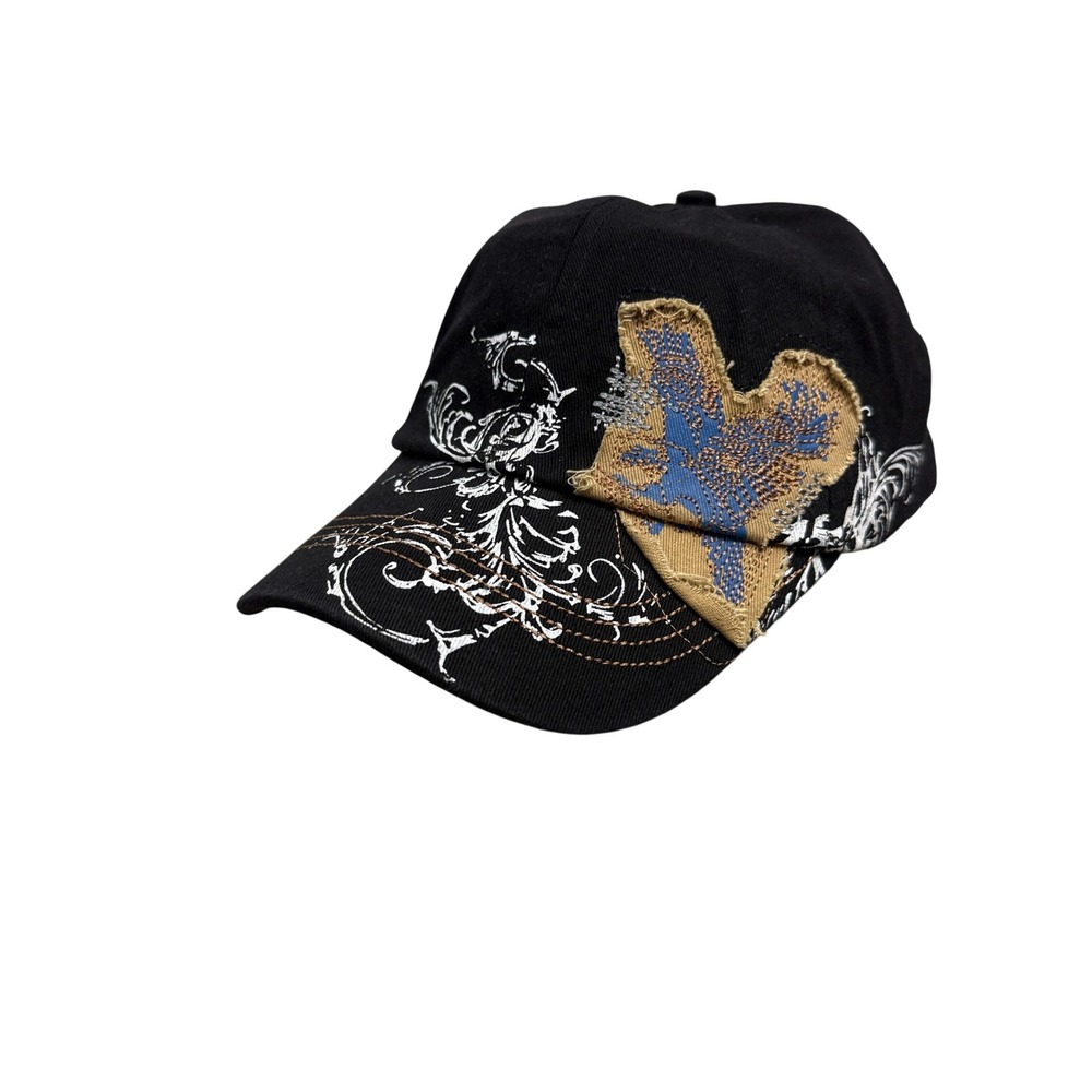 Baseball Cap Mens OS Black Embroidered Patchwork Heart Y2K Streetwear